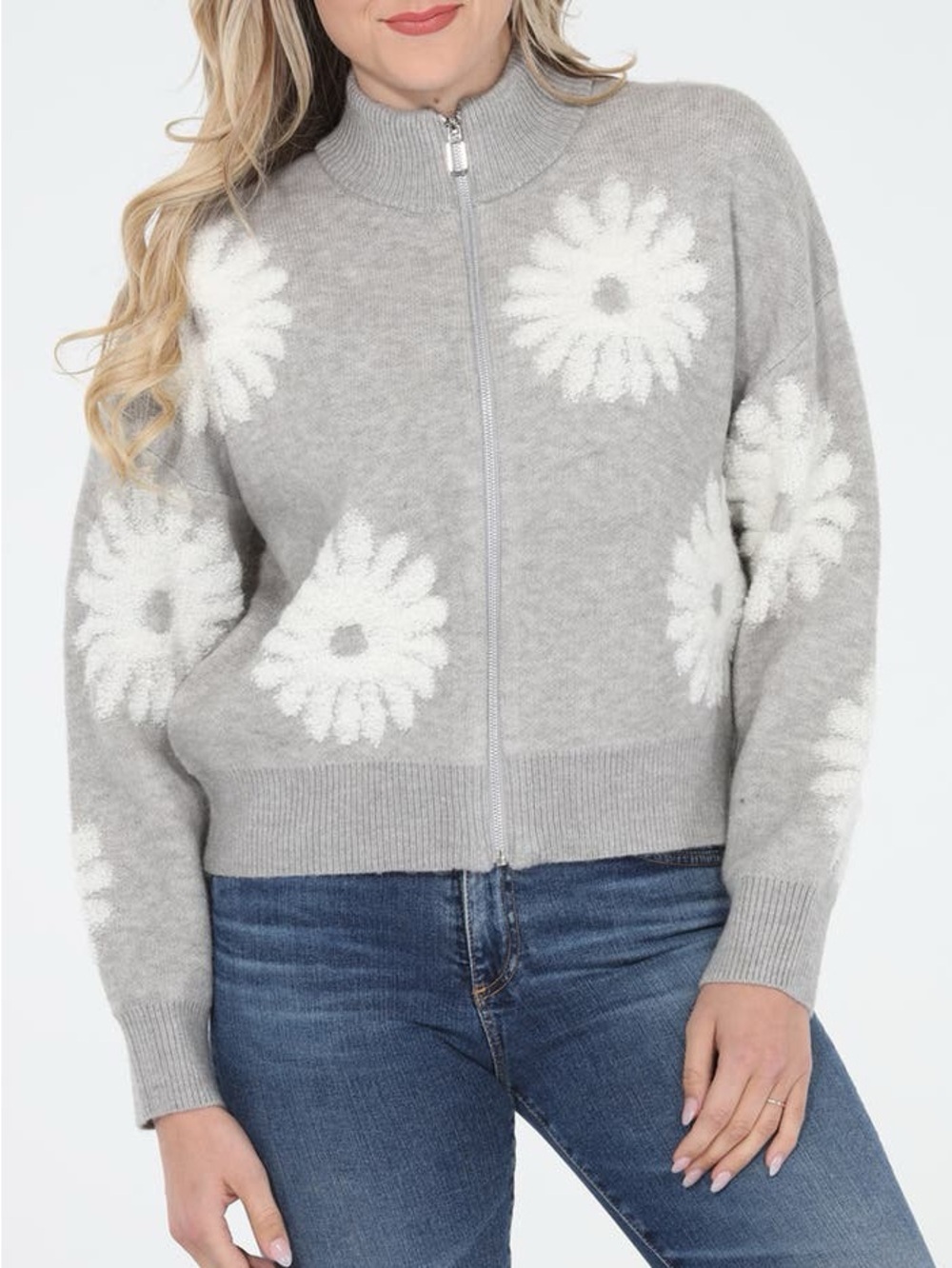 Olivia Grey‎ Textured Gray White Floral Daisy Full Zip Cardigan Sweater Medium